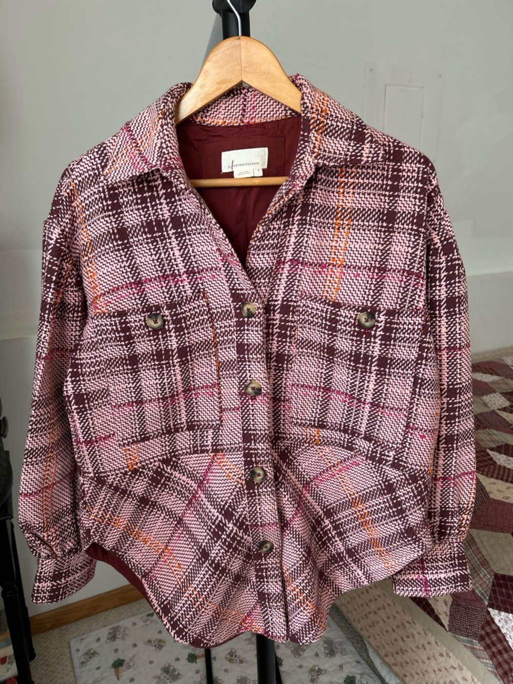 Anthropologie Plaid Shirt Jacket Shacket Pink